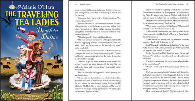 The Traveling Tea Ladies: Death in Dallas by Melanie O'Hara front cover and interior-page spread